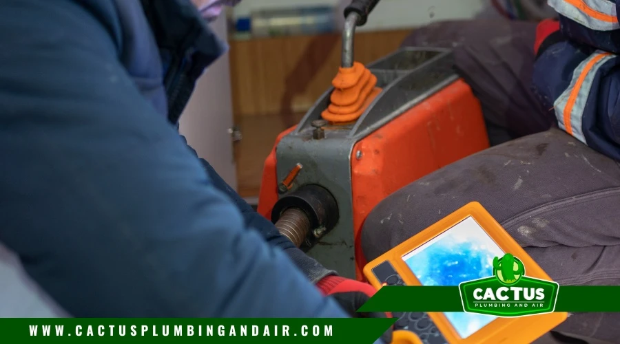 Plumber inspecting pipes with a camera