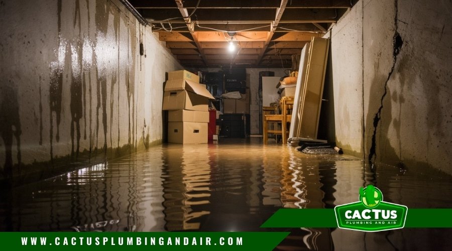 Basement leak with visible water damage on the floor and walls