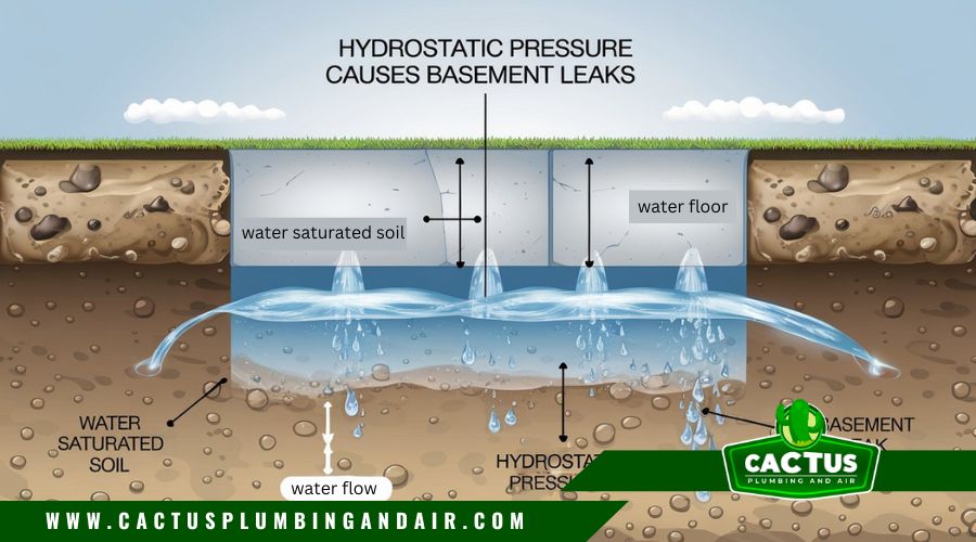 Diagram showing how hydrostatic pressure leads to basement leaks