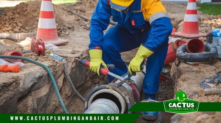 Plumber repairing sewer pipe