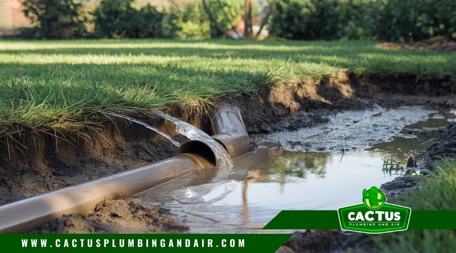 Sewer leak in yard with visible water damage
