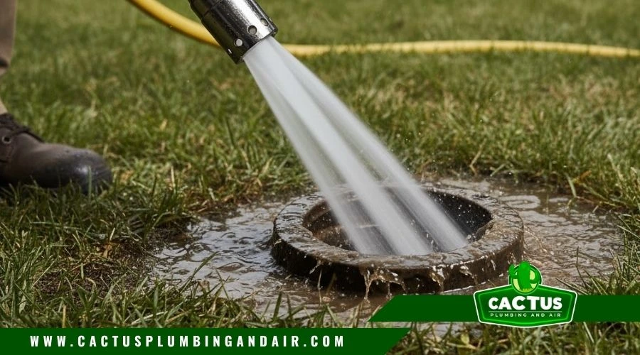 plumber cleaning main sewer line using hydro jet through a cleanout